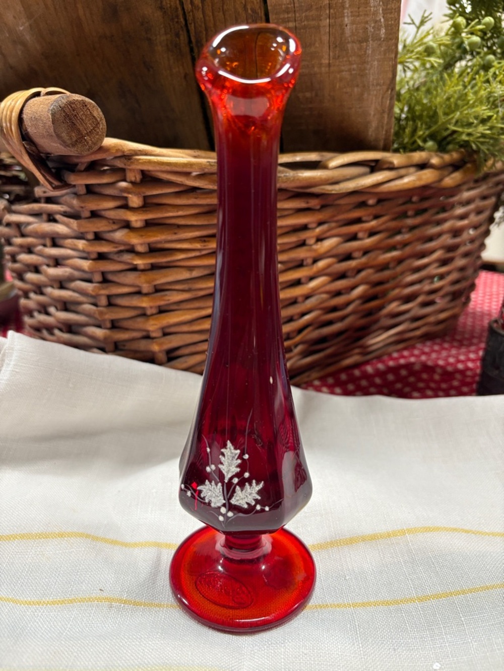 Fenton Bud Vase Hand painted and signed Holly Leaves